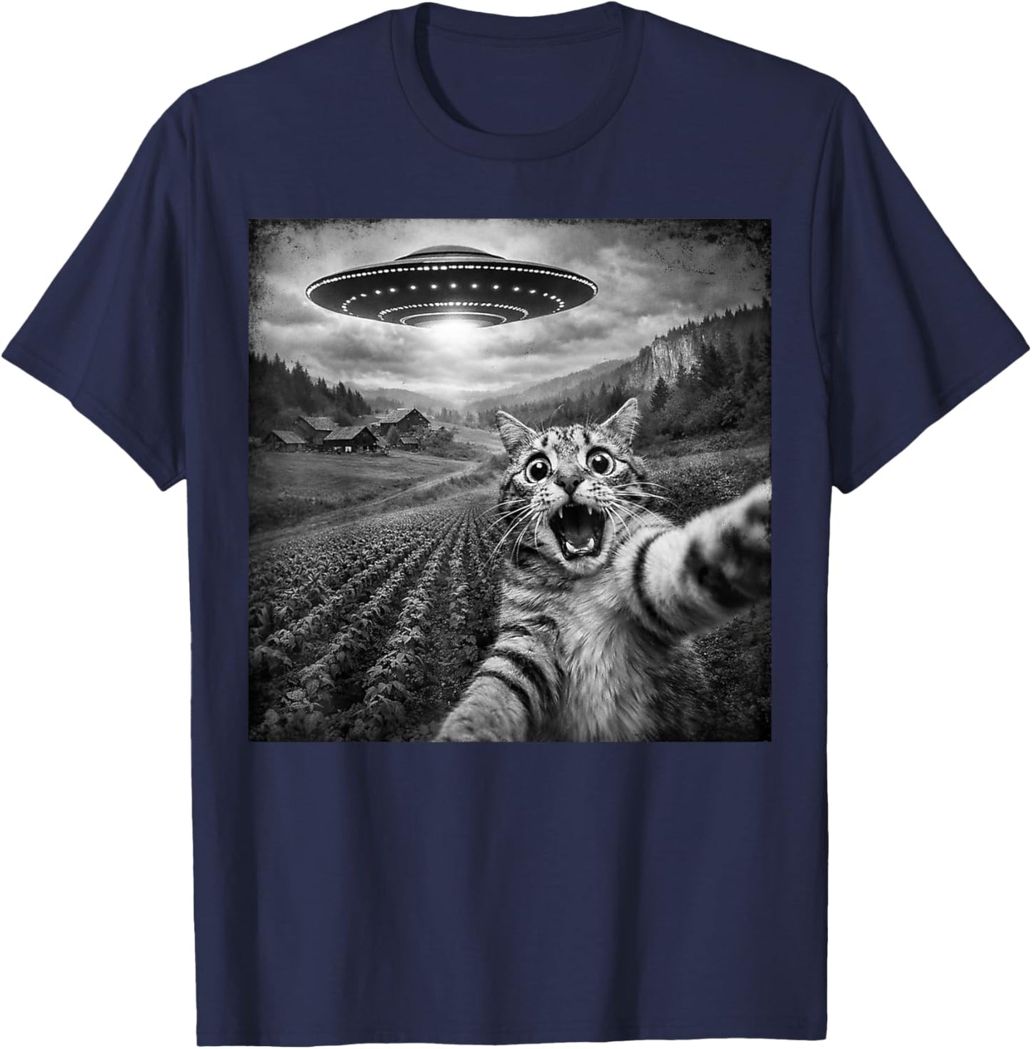 Funny Cat Shirts Men Women Kids Teens Shirt UFO Alien Cat T-Shirt - T-Shirt | Navy