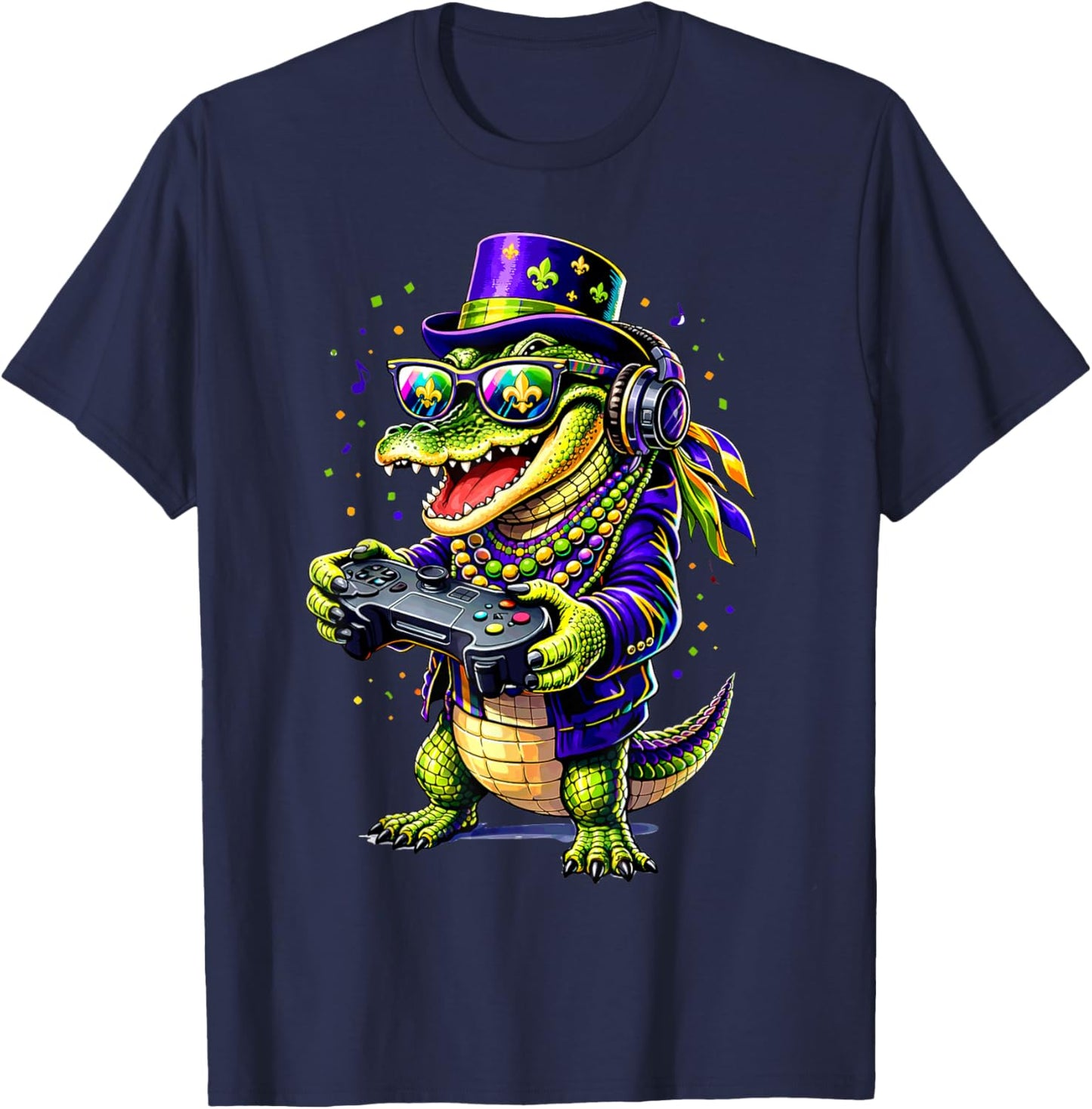 Funny Alligator Playing Video Game Gamer Gaming Mardi Gras T-Shirt - T-Shirt | Navy