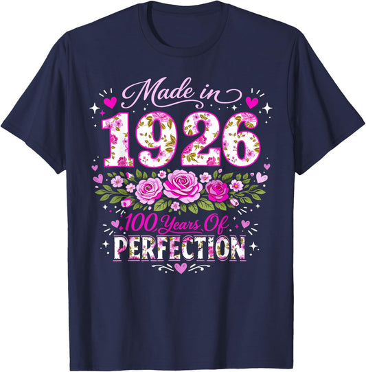 100 Year Old Made 1926 Floral 100th Birthday Women T-Shirt - T-Shirt | Navy