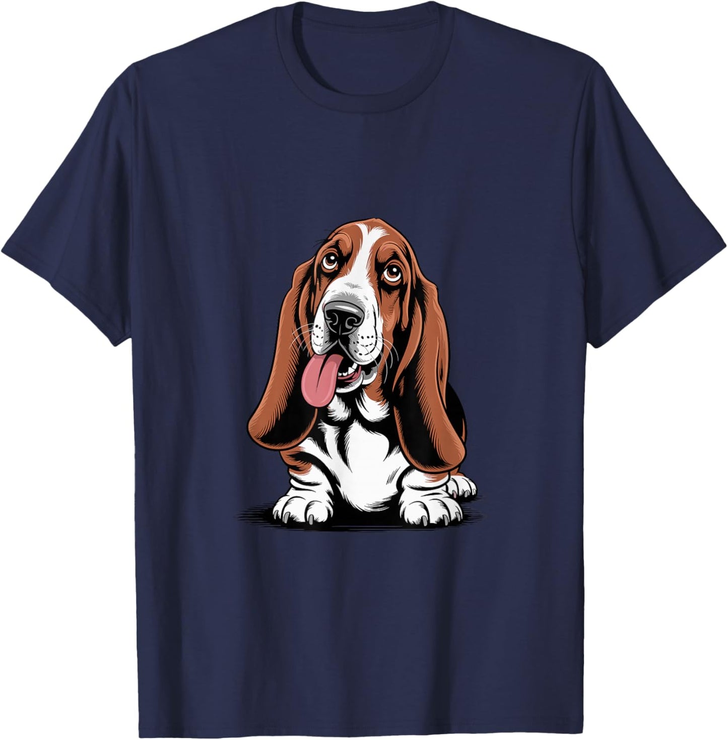 Cute Long Ear Drawing Graphic Style Cartoon Pet Basset Hound T-Shirt - T-Shirt | Navy