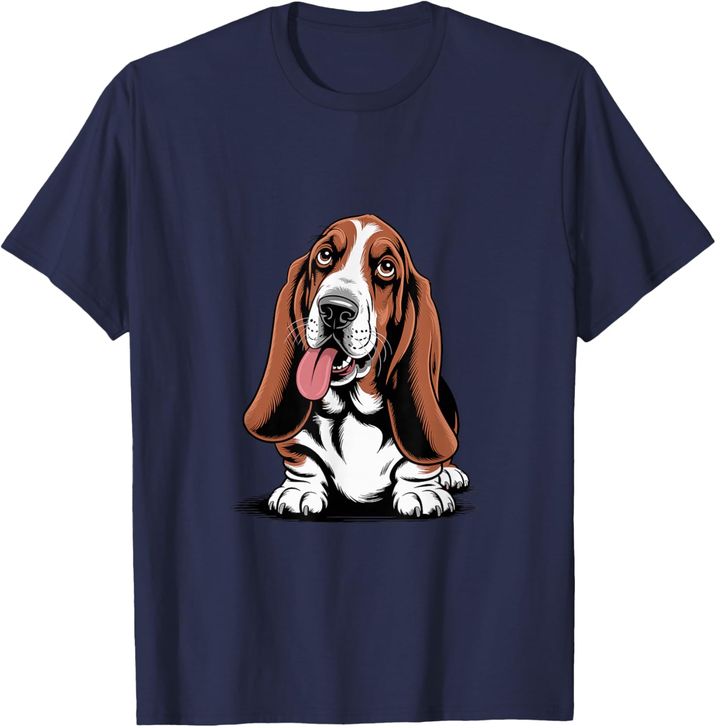 Cute Long Ear Drawing Graphic Style Cartoon Pet Basset Hound T-Shirt - T-Shirt | Navy