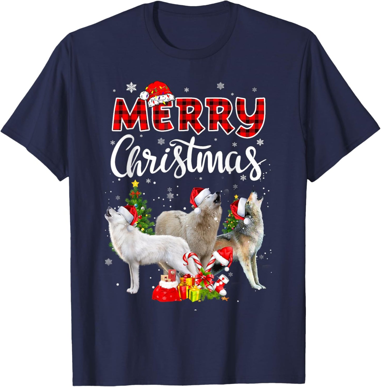 Wolf Merry Christmas Wild Animals Lover Santa Wolves T-Shirt - T-Shirt | Navy