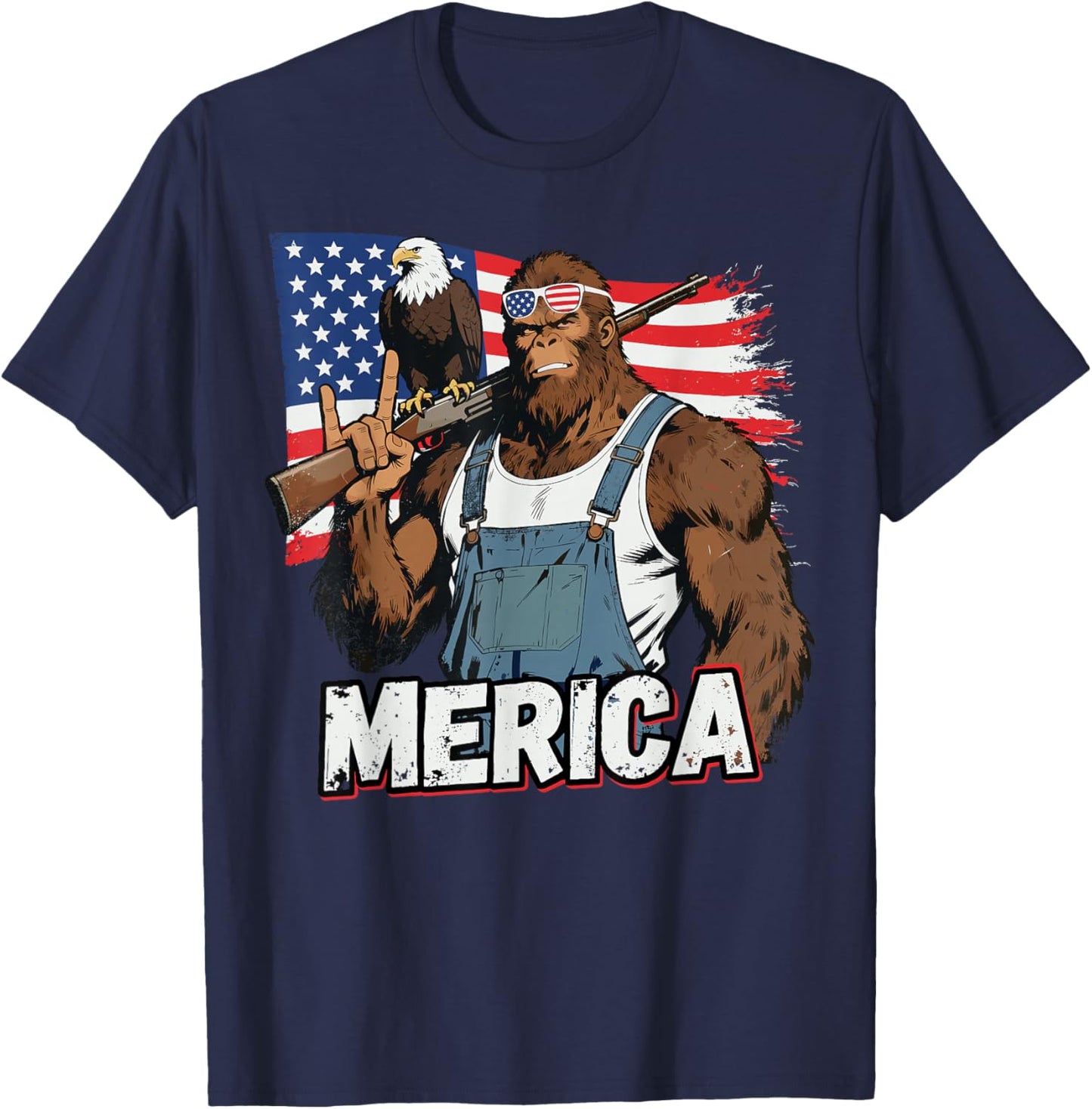 Bigfoot Merica Rock American Flag Patriotic 4th of July T-Shirt - T-Shirt | Navy
