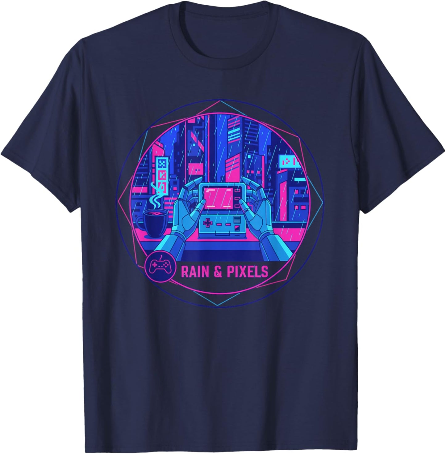 Cyberpunk Lo-fi Rainy Night Aesthetic Urban Pixel Art T-Shirt - T-Shirt | Navy