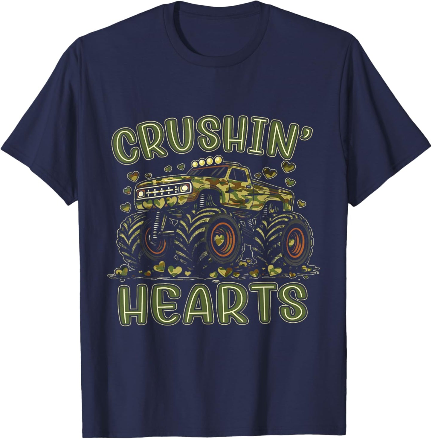 Valentine Camouflage Truck Crushin' Hearts Boy Kids Monster T-Shirt - T-Shirt | Navy