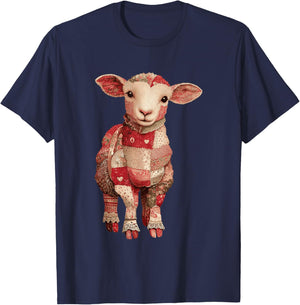 Cute Patchwork Lamb with Hearts Farmhouse Style T-Shirt - T-Shirt | Navy
