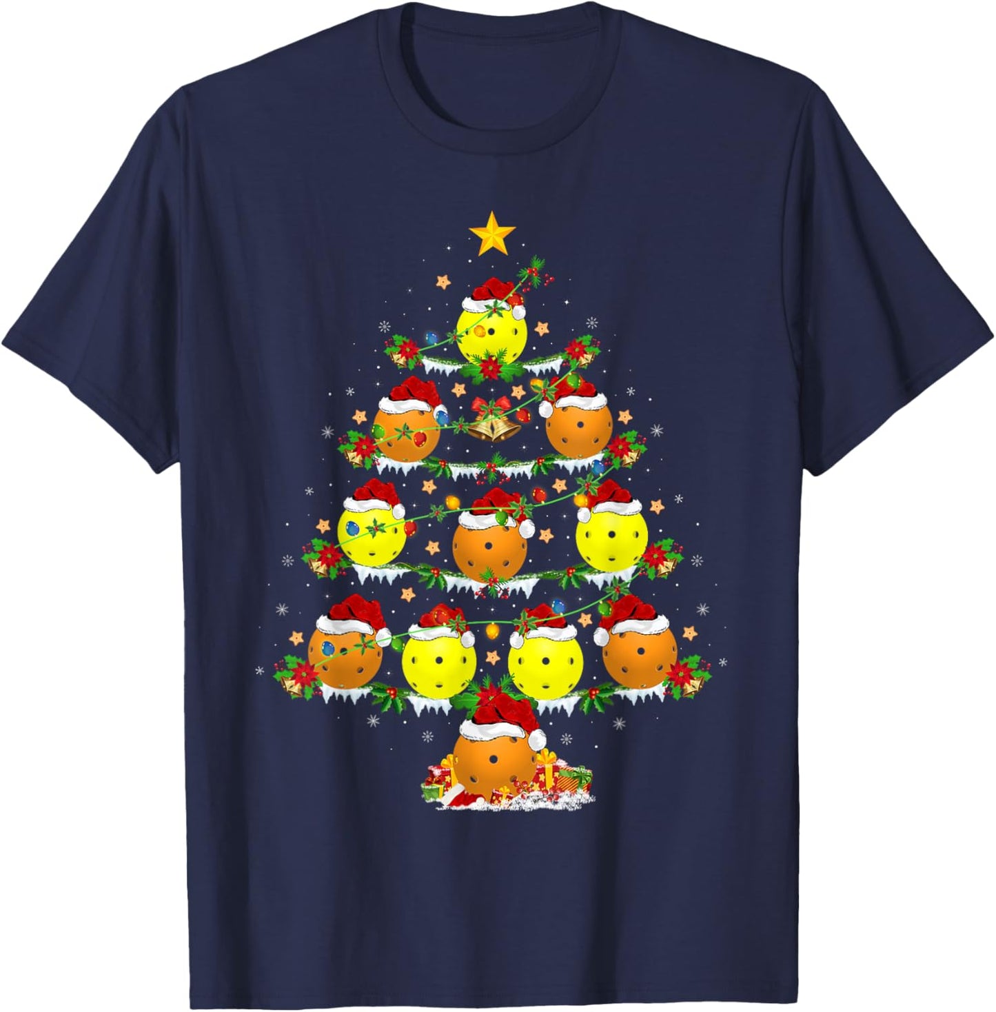 Pickleball Christmas Tree Lights Funny Sports Player Xmas T-Shirt - T-Shirt | Navy