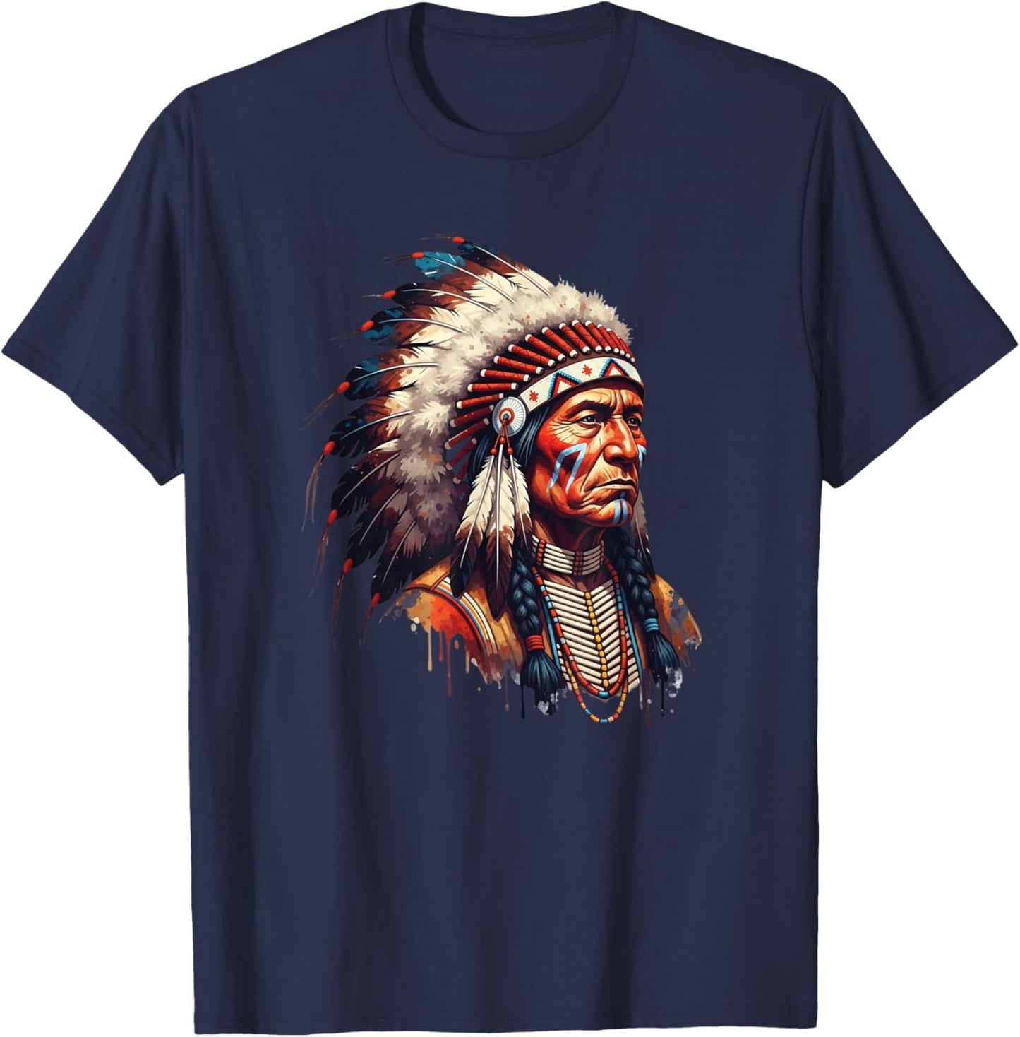Native American Feather Indian Chief Headdress Pride Artwork T-Shirt - T-Shirt | Navy