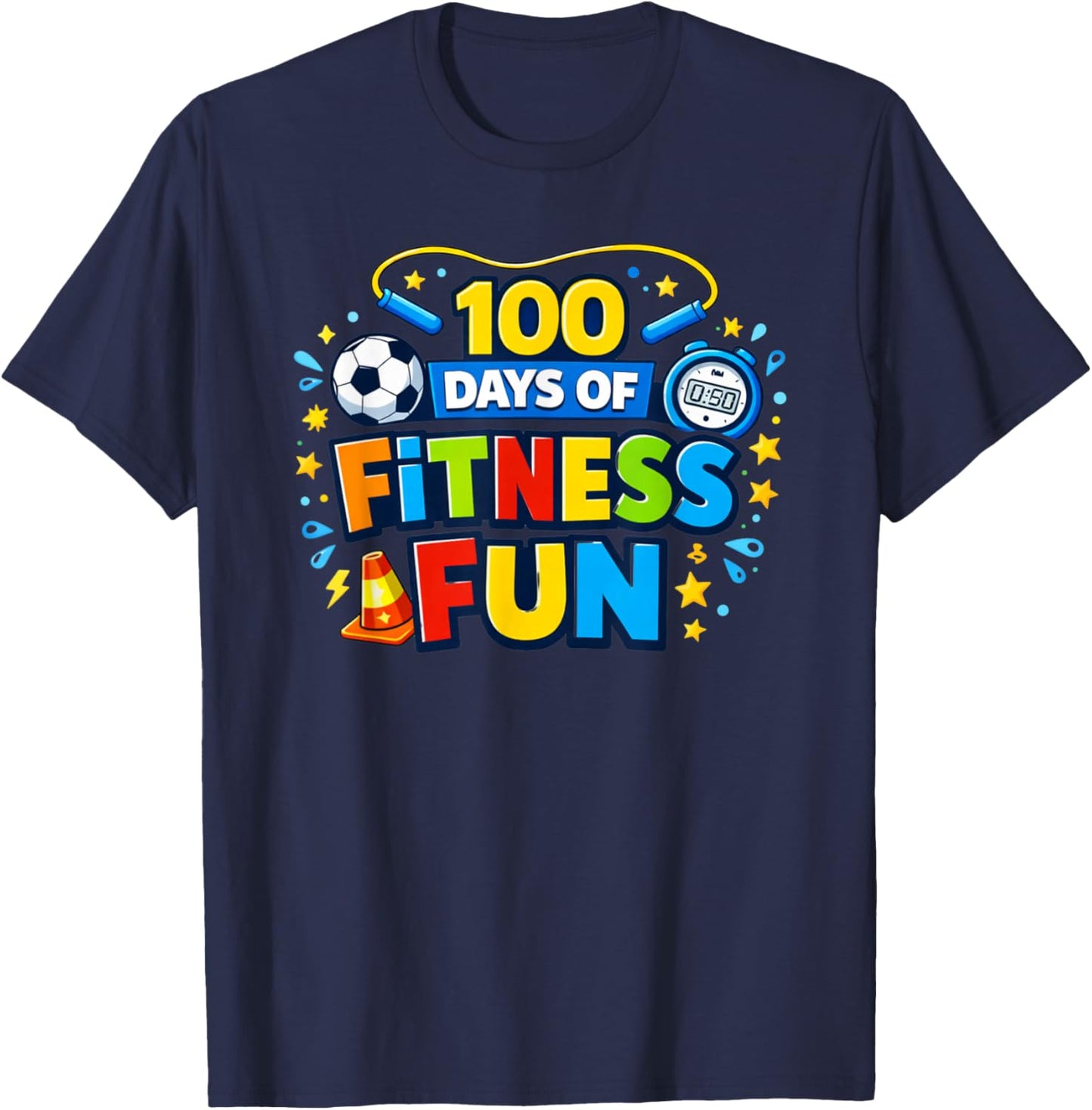 100 Days of Fitness Fun PE Teacher 100th Day of School T-Shirt - T-Shirt | Navy