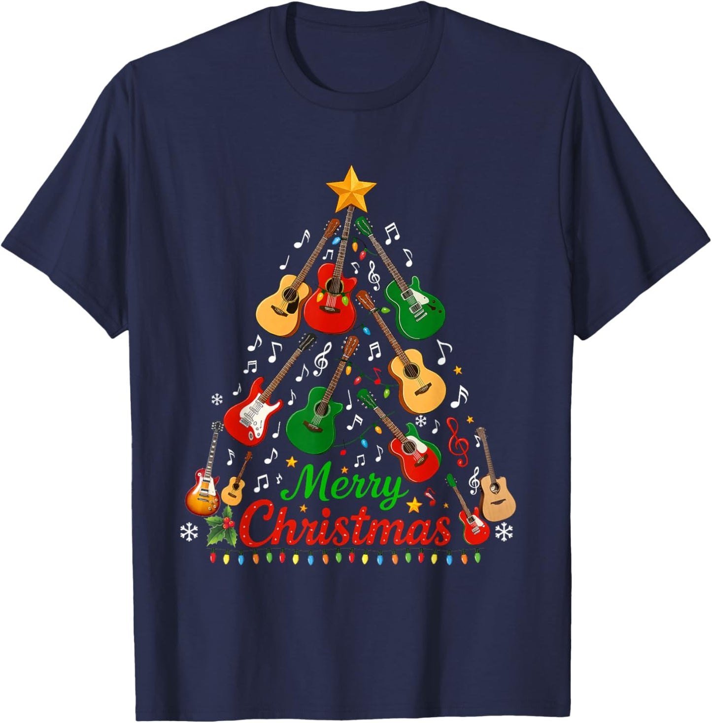 Merry Christmas Guitar Tree Funny Guitarist Christmas 2025 T-Shirt - T-Shirt | Navy