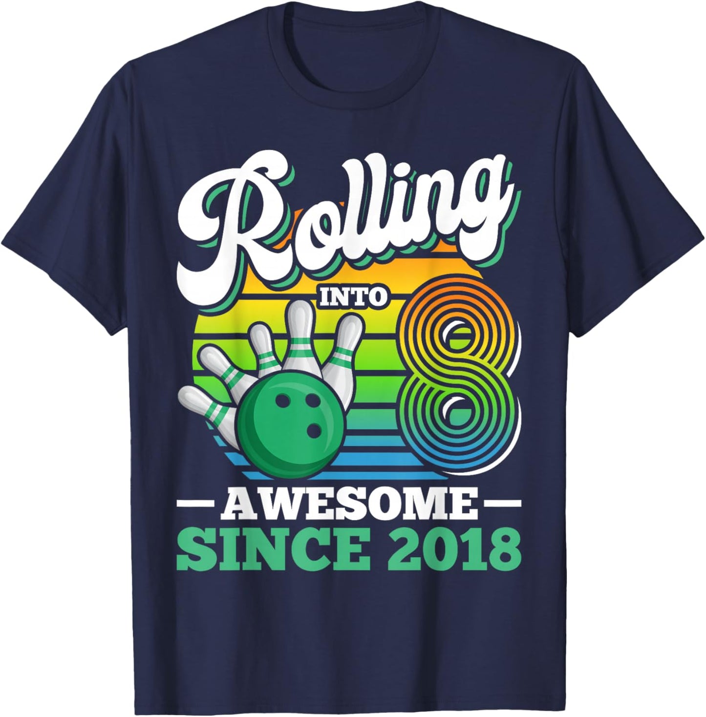 Rolling Into 8 Boy Retro Bowling Birthday Party 8th Birthday T-Shirt - T-Shirt | Navy