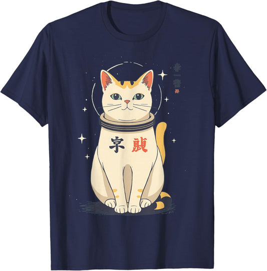 Japanese Graphic Cat Design T-Shirt - T-Shirt | Navy