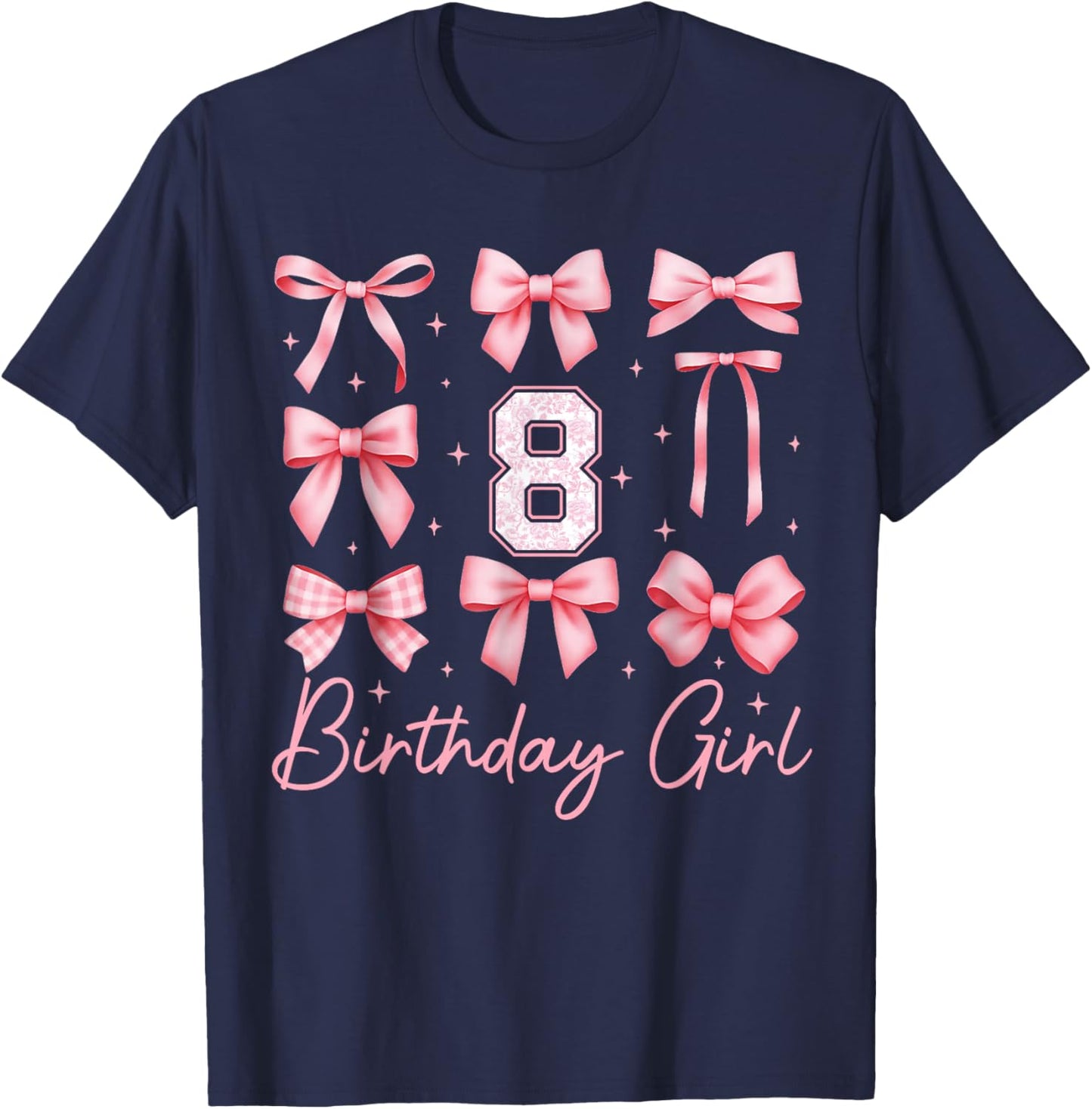 8th Birthday Girl Coquette Bow Pink Floral Toile 8 Year Old T-Shirt - T-Shirt | Navy