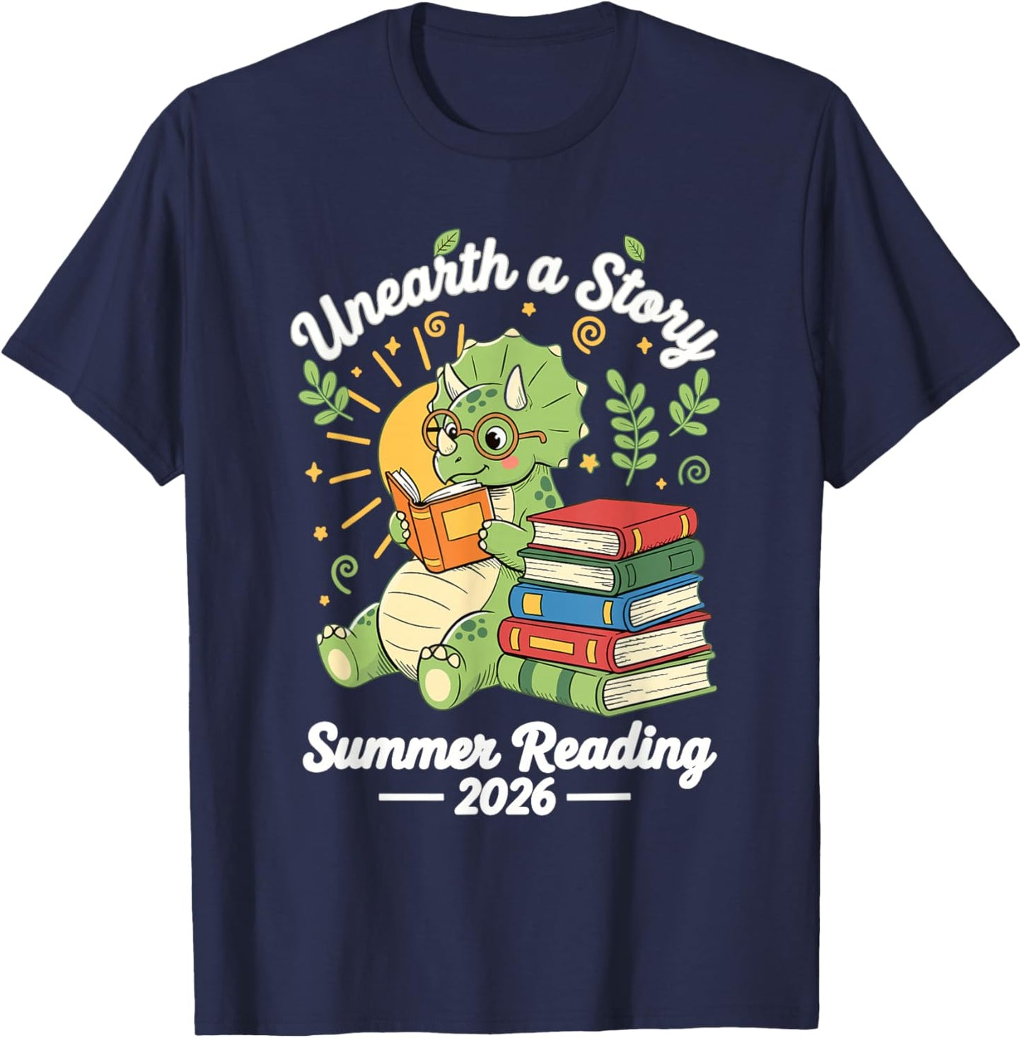 Unearth A Story Summer Reading 2026 Dino Triceratops T-Shirt - T-Shirt | Navy