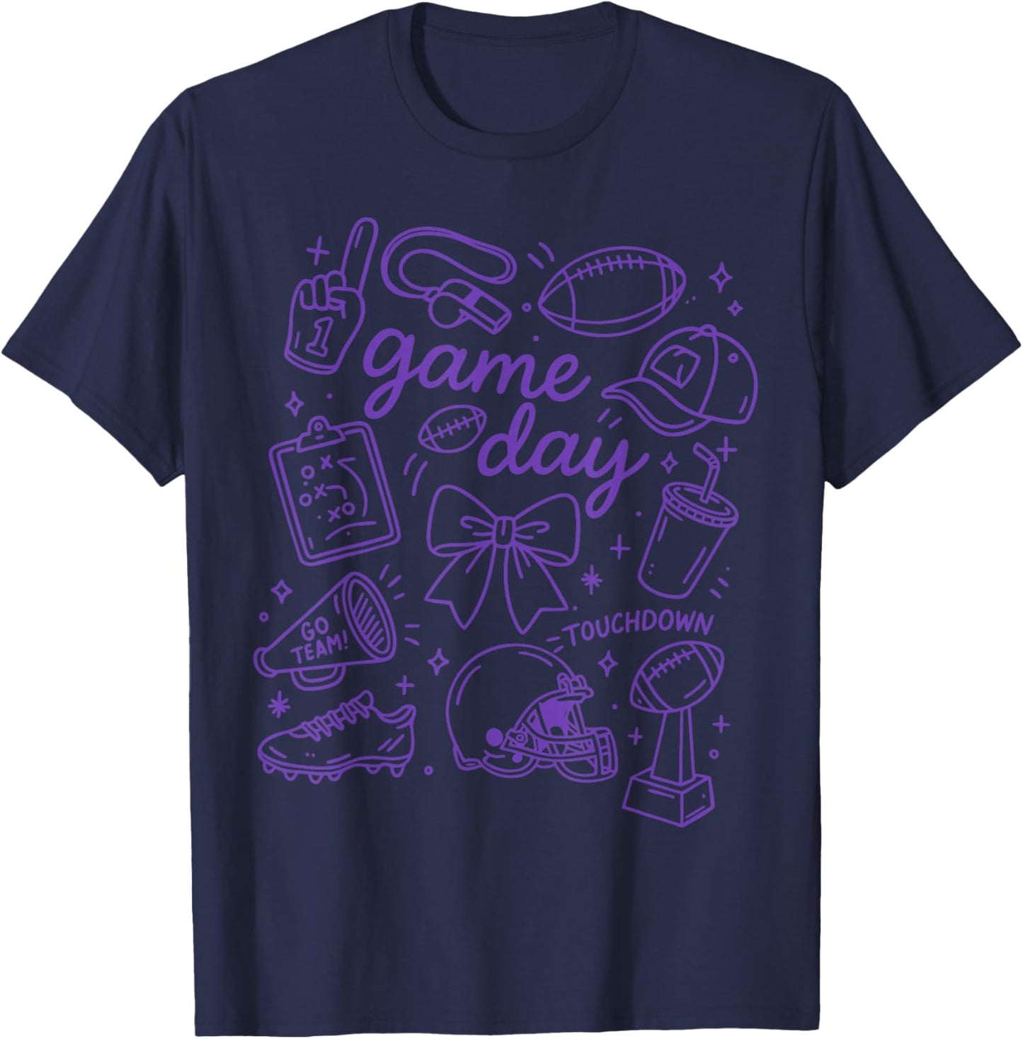 Purple Coquette Bow Cheer Game Day Doodle Touchdown Football T-Shirt - T-Shirt | Navy