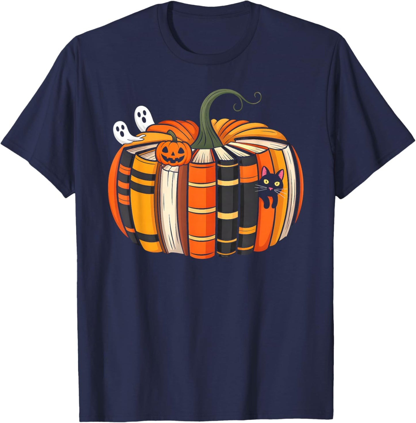Fall Book Pumpkin Autumn Ghost Black Cat Halloween Teacher T-Shirt - T-Shirt | Navy