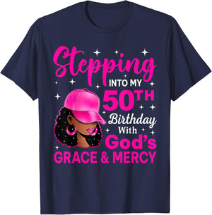 Stepping Into My 50th Birthday Queen Black Woman Cap Bday T-Shirt - T-Shirt | Navy