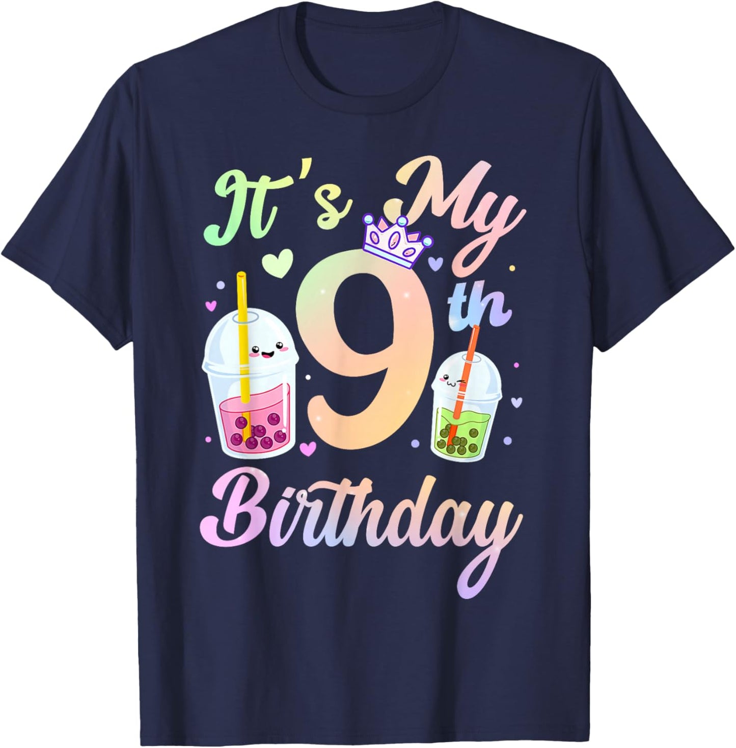 It's My 9th Birthday Bubble Boba Tea Party 9 Year Old Girls T-Shirt - T-Shirt | Navy