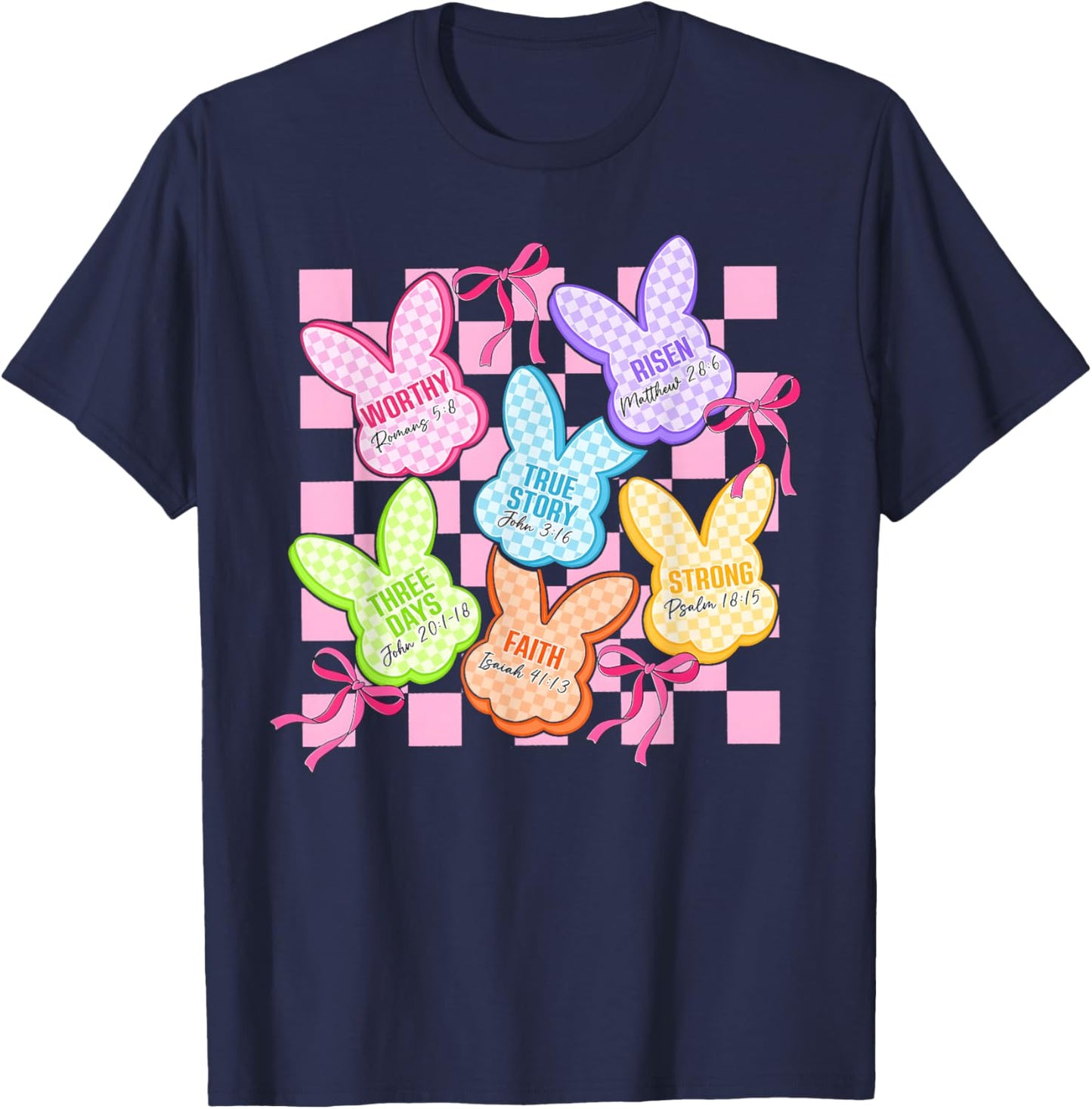 Christian Easter He is Risen Bunny Candy Coquette Bow Girly T-Shirt - T-Shirt | Navy