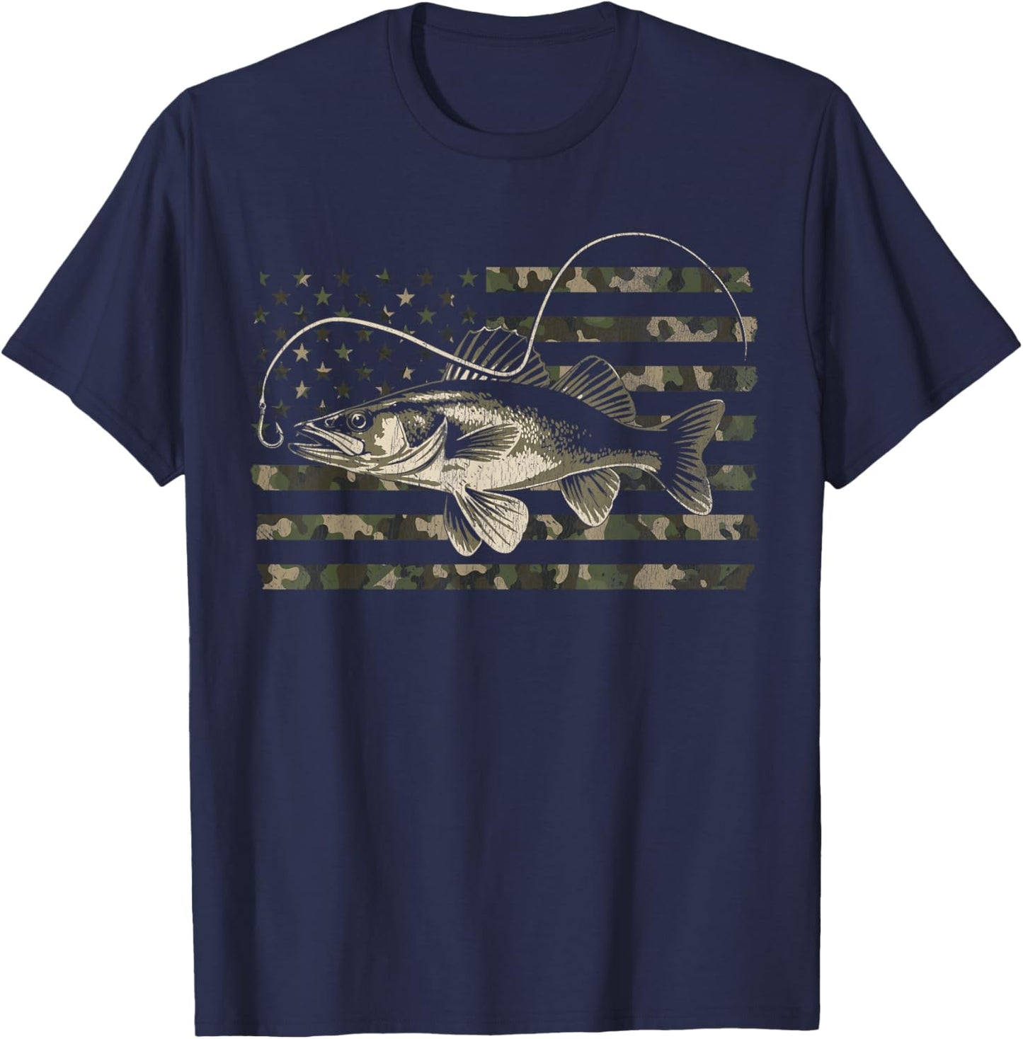 Walleye Fishing Camo American Flag T-Shirt - T-Shirt | Navy
