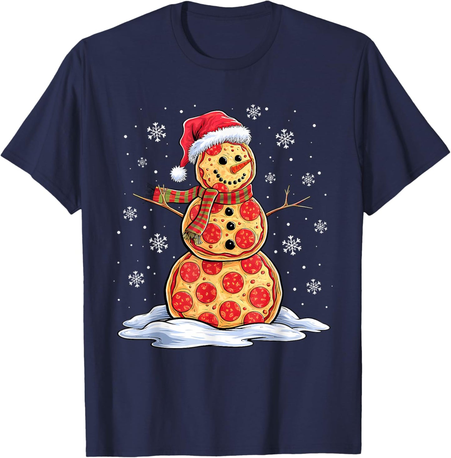 Funny Pizza Snowman Santa Hat Christmas Men Women Kids T-Shirt - T-Shirt | Navy