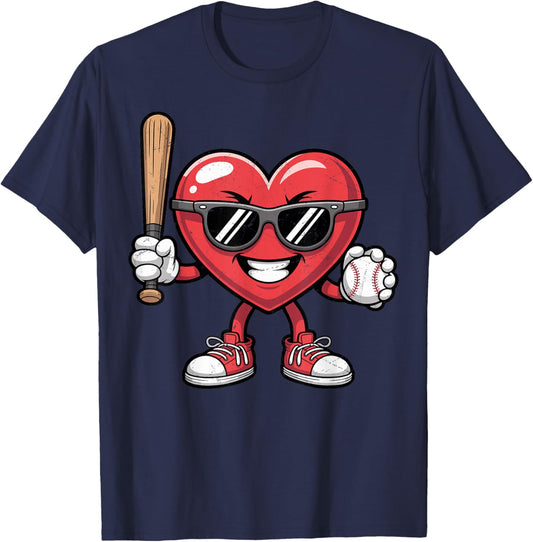 Valentines Day Heart Playing Baseball Boys Men Kids Girls T-Shirt - T-Shirt | Navy