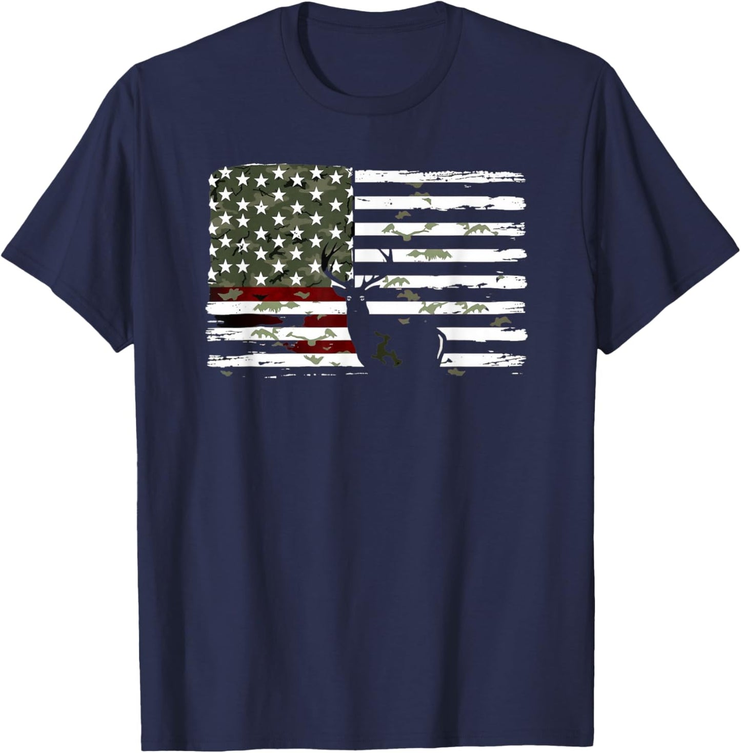 Camo American Flag Men's Distressed Hunter Outfit with Stag T-Shirt - T-Shirt | Navy