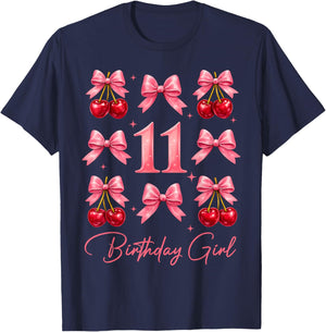 11th Birthday Girl Cute Coquette Bow Cherry 11 Year Old Kids T-Shirt - T-Shirt | Navy