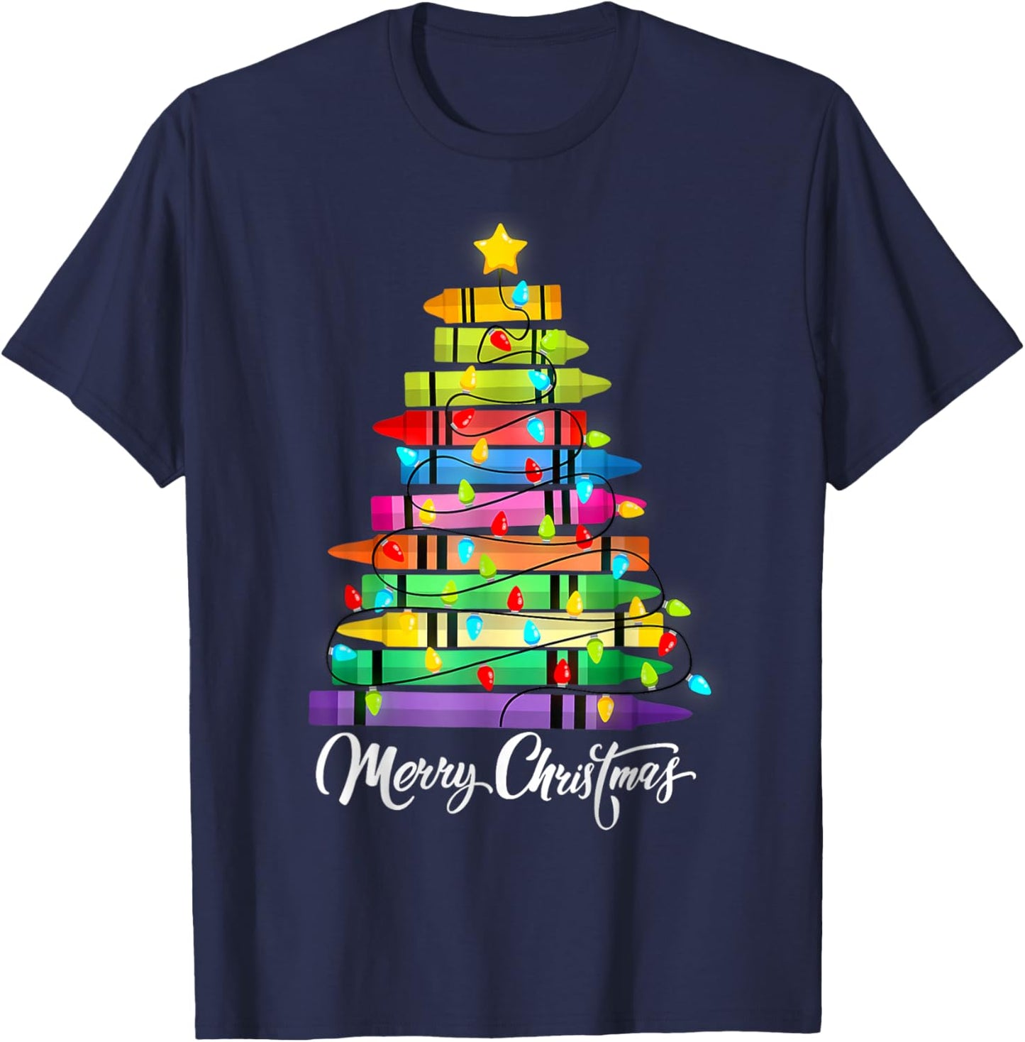 Teacher Crayon Merry Christmas Tree Lights School Xmas T-Shirt - T-Shirt | Navy
