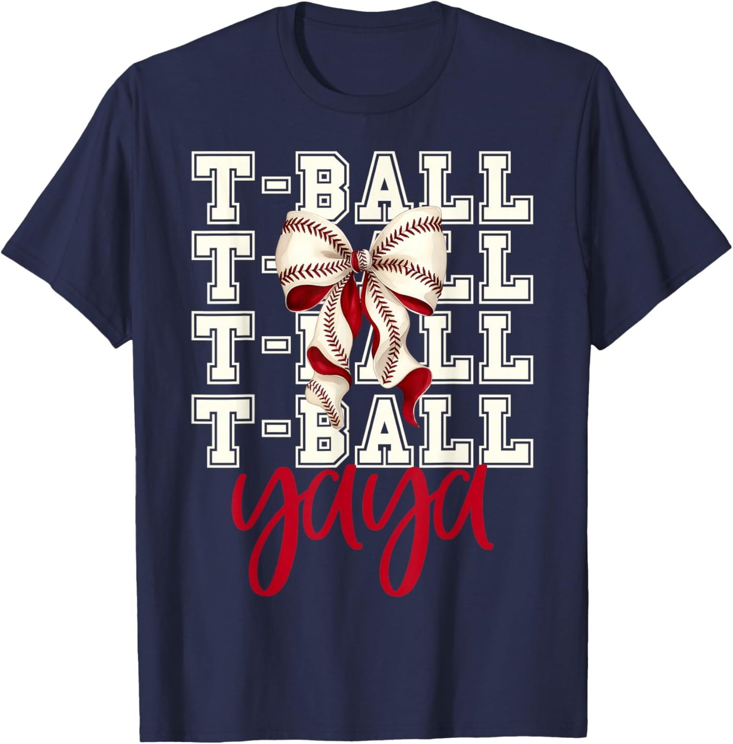 Tball Yaya Teeball T-Ball Coquette Baseball Bow T-Shirt - T-Shirt | Navy