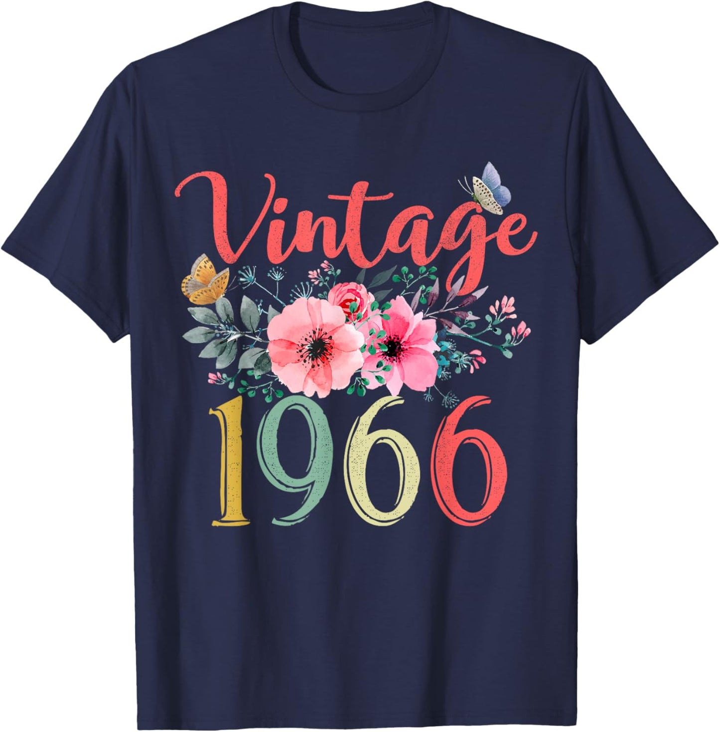 Vintage 1966 Floral Hippie Groovy Wildflower 60th Birthday T-Shirt - T-Shirt | Navy