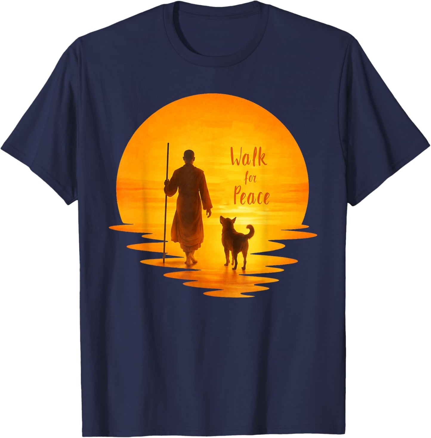 Walk for Peace Monk and Faithful Dog Pilgrimage Art T-Shirt - T-Shirt | Navy