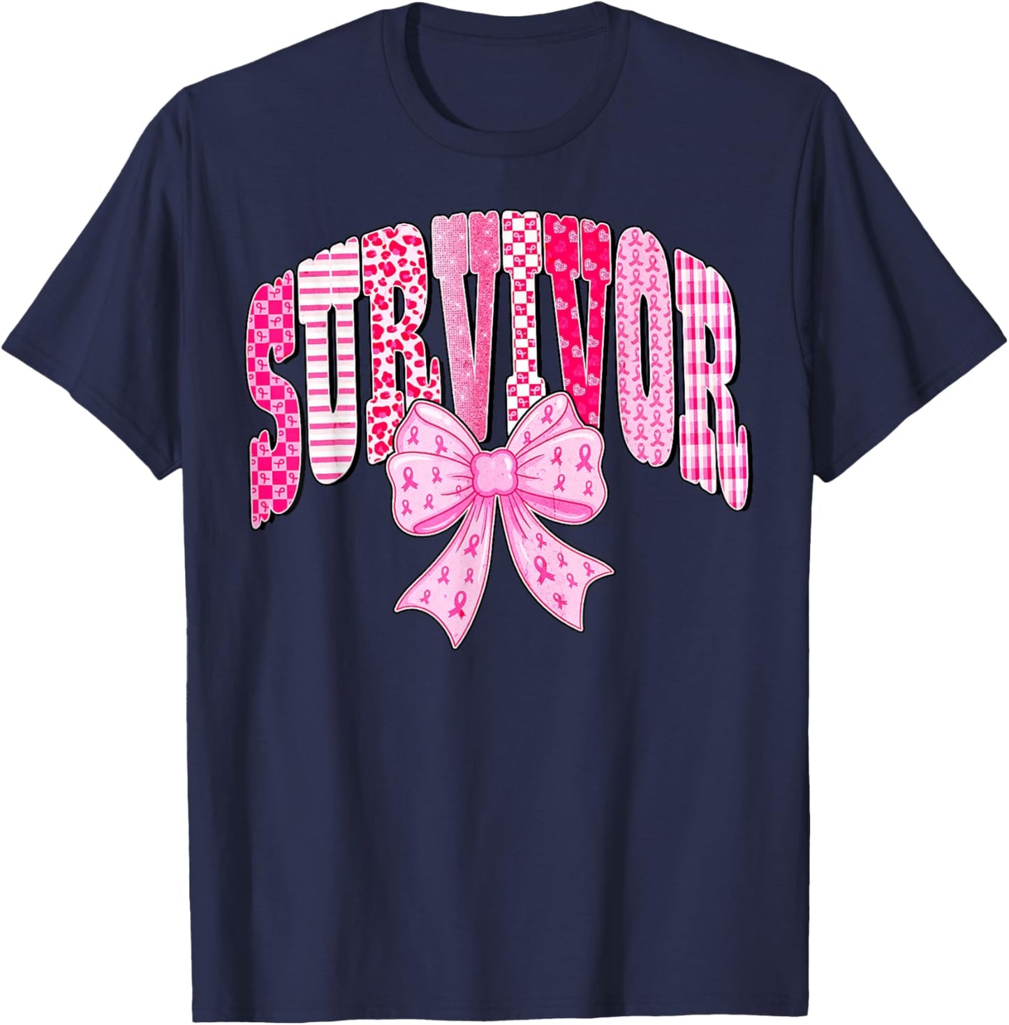 Survivor Pink Ribbon Coquette Bow Breast Cancer Awareness T-Shirt - T-Shirt | Navy