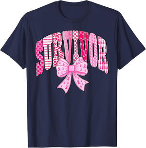 Survivor Pink Ribbon Coquette Bow Breast Cancer Awareness T-Shirt - T-Shirt | Navy