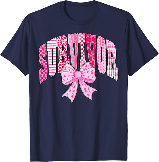 Survivor Pink Ribbon Coquette Bow Breast Cancer Awareness T-Shirt - T-Shirt | Navy