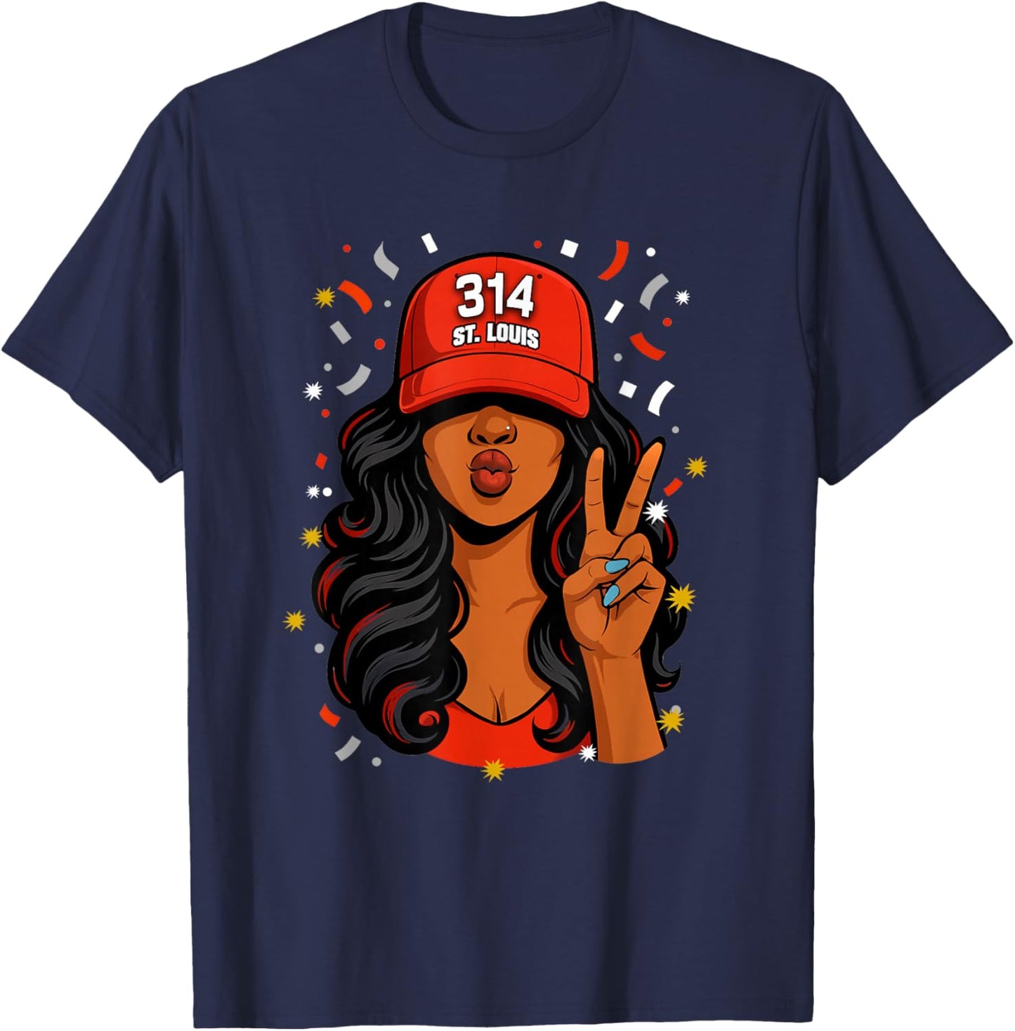 St. Louis 314 Black Woman Wearing Red Hat T-Shirt - T-Shirt | Navy