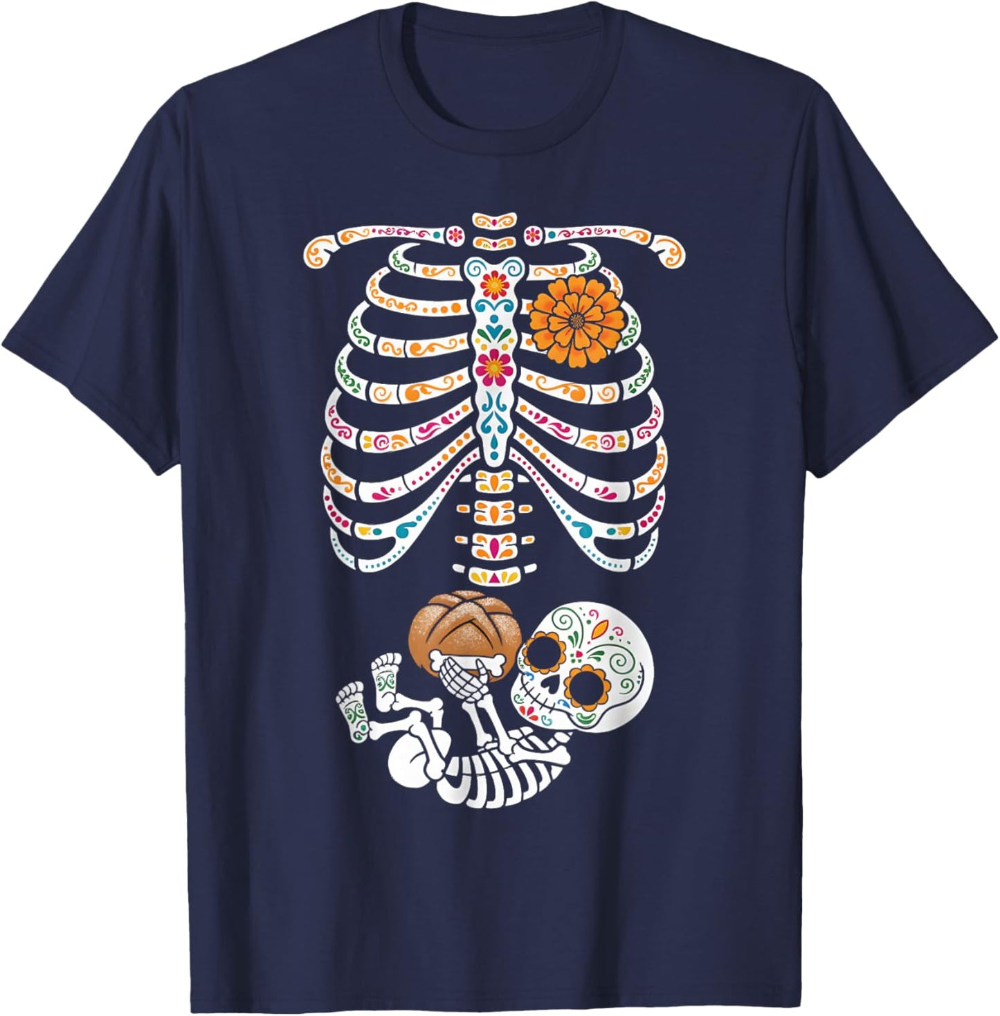 Pregnancy Skeleton Dia De Los Muertos Mexican Belly Bump T-Shirt - T-Shirt | Navy