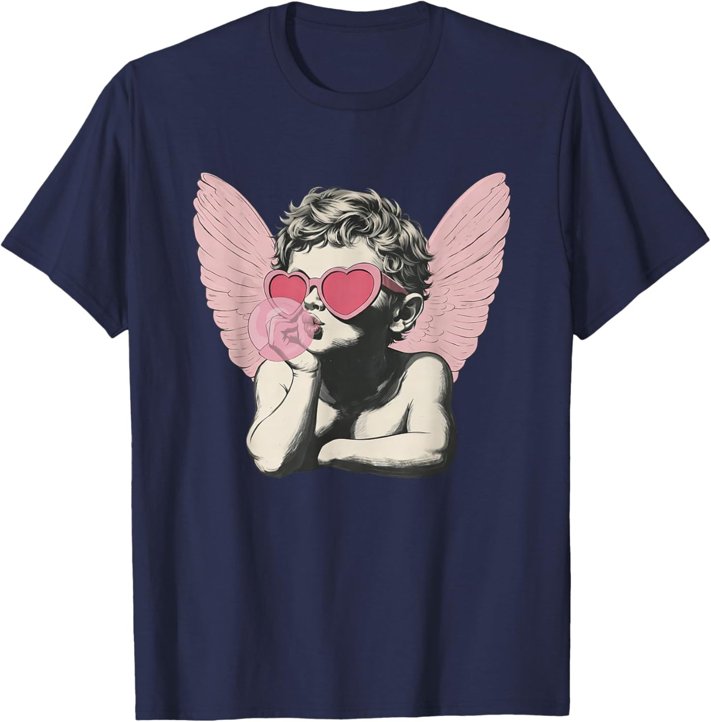 Vintage Cute Cupid in Sunglasses Blowing Bubble Valentine T-Shirt - T-Shirt | Navy