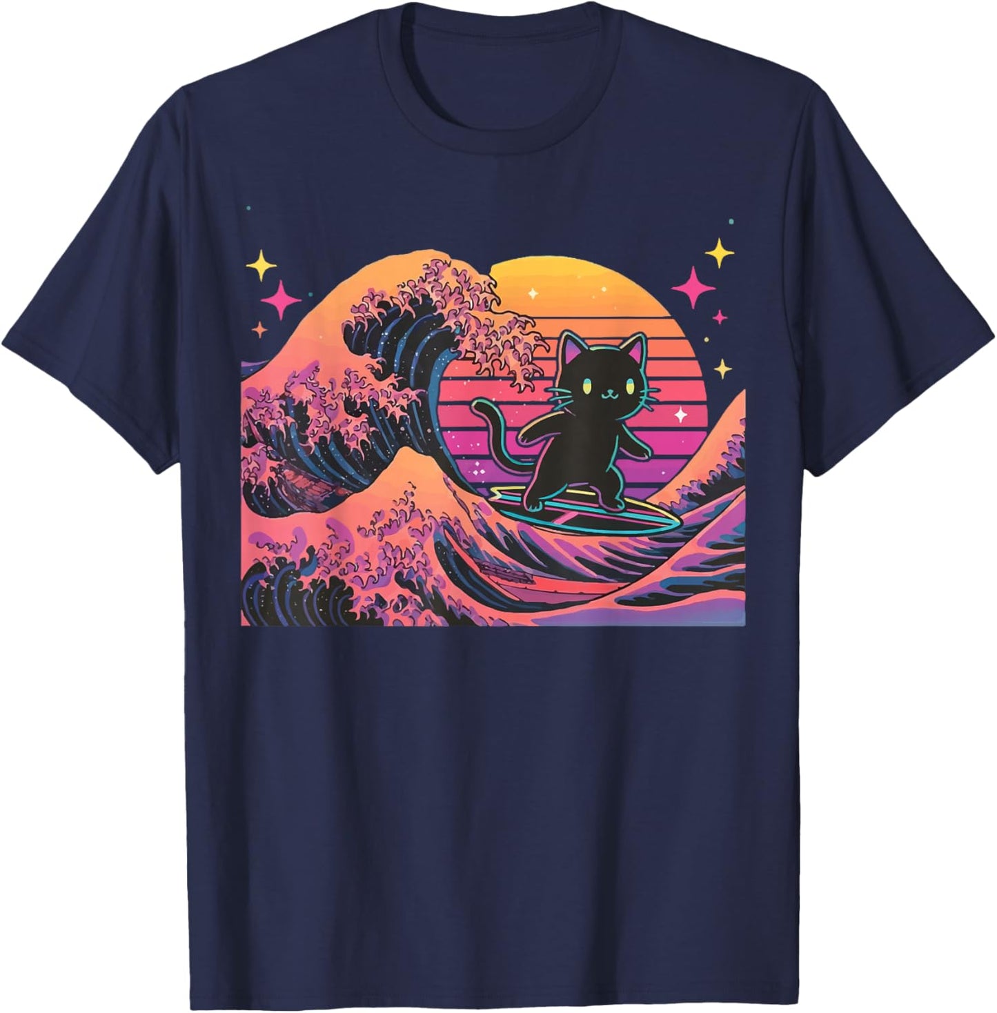 Cat Surfing Japanese T-Shirt - T-Shirt | Navy