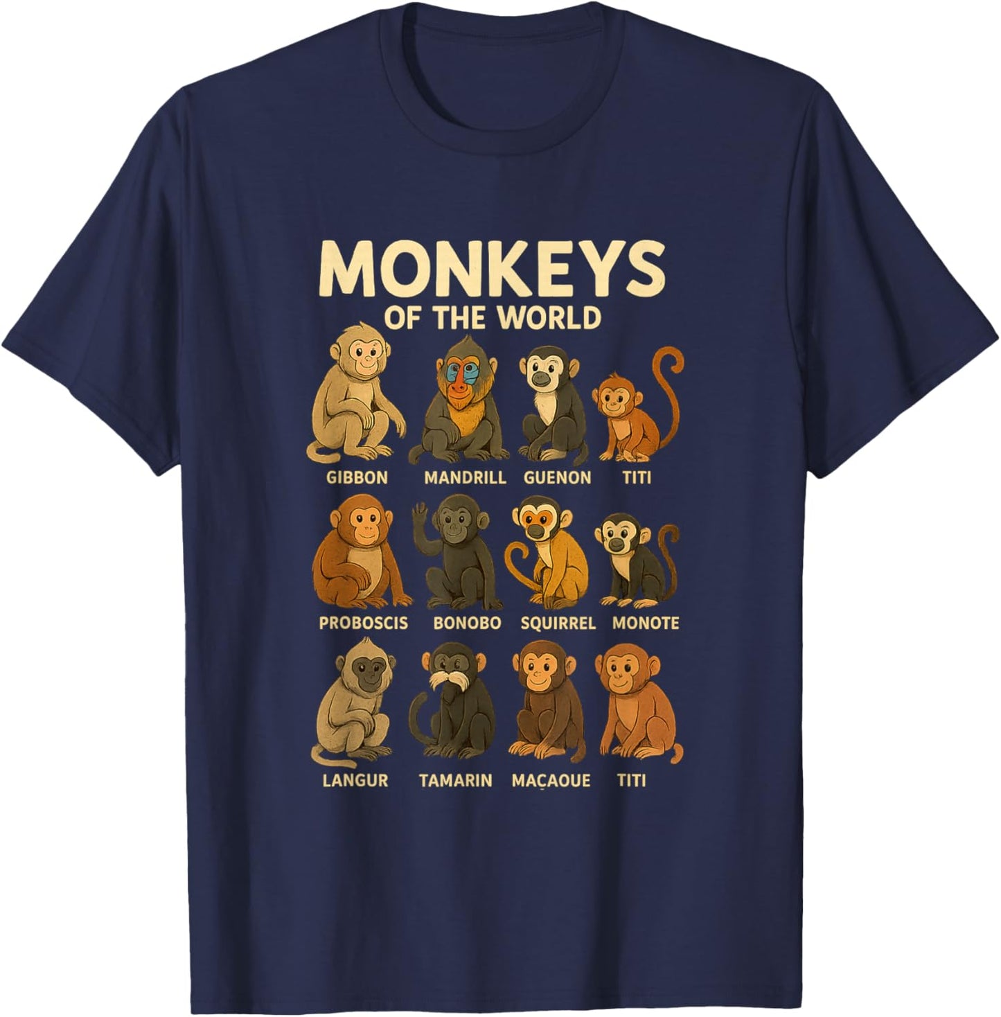 Monkeys of The World Cute Primate Species Cartoon Shirt T-Shirt - T-Shirt | Navy