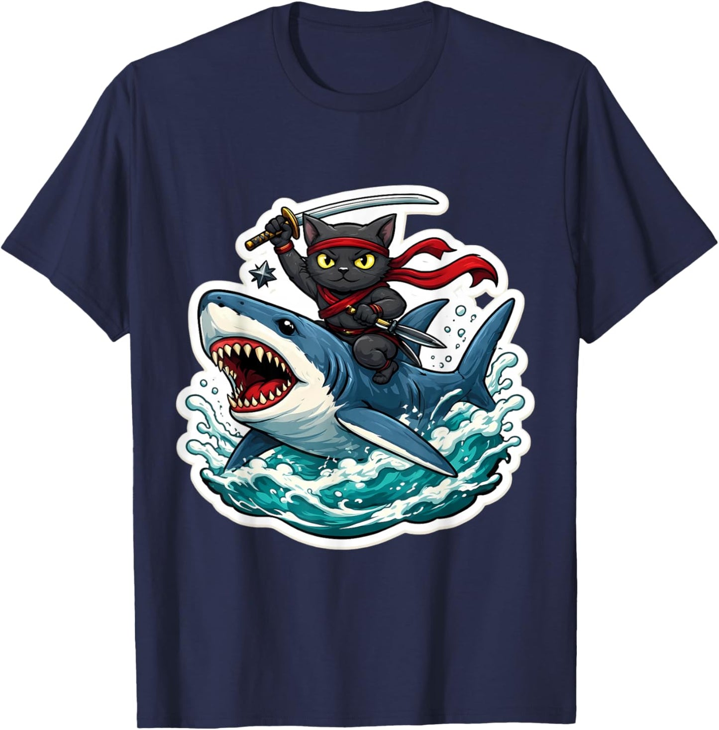 Ninja Cat Riding Shart Funny Cartoon Owner Feline Lover Art T-Shirt - T-Shirt | Navy