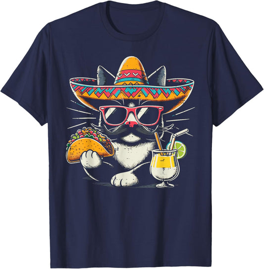 Mexican Tuxedo Cat Taco Sombrero Funny Mexico Women Men Kids T-Shirt - T-Shirt | Navy