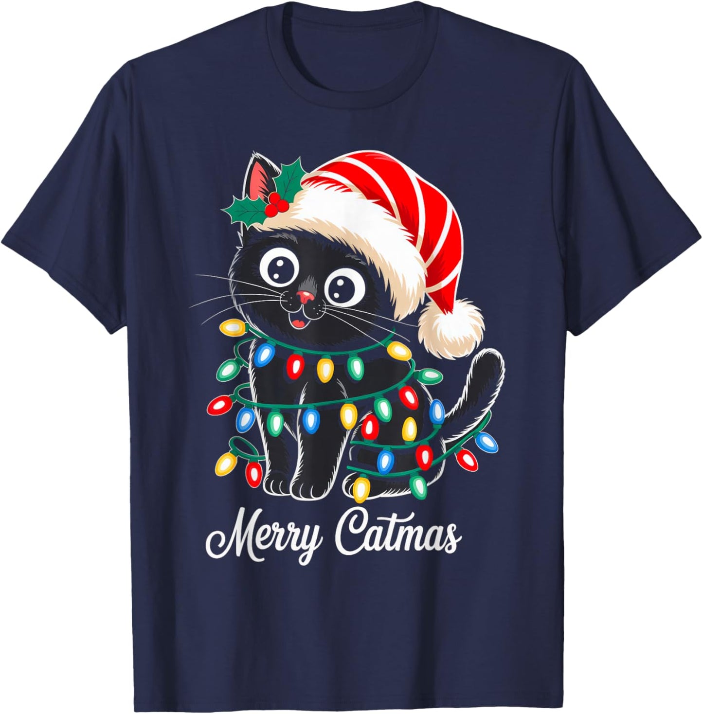Cute Black Cat Christmas Lights Santa Hat Xmas Merry Catmas T-Shirt - T-Shirt | Navy