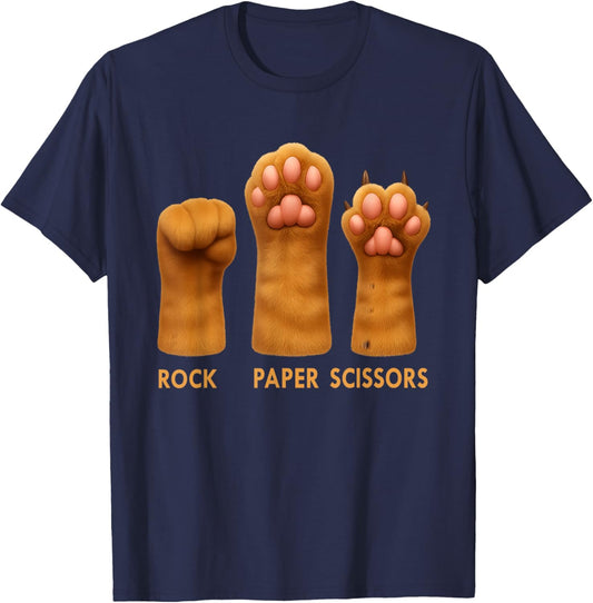 Funny Cat Rock Paper Scissors Paws Game Introvert Apparel T-Shirt - T-Shirt | Navy