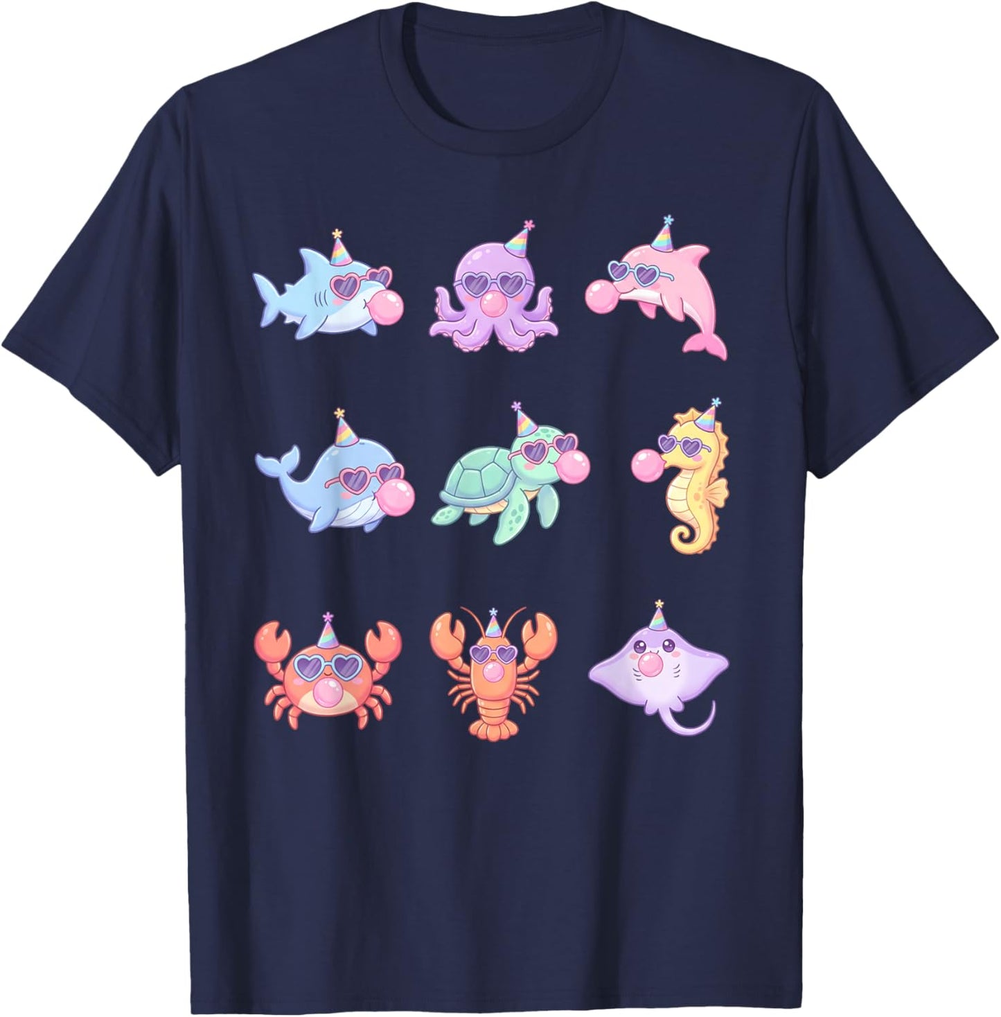 Cute Kawaii Sea Animals Birthday Ocean Sunglasses Bubblegum T-Shirt - T-Shirt | Navy