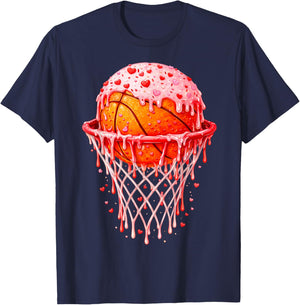 Valentines Day Heart Basketball Hoop Ice Cream Drip Men Kids T-Shirt - T-Shirt | Navy
