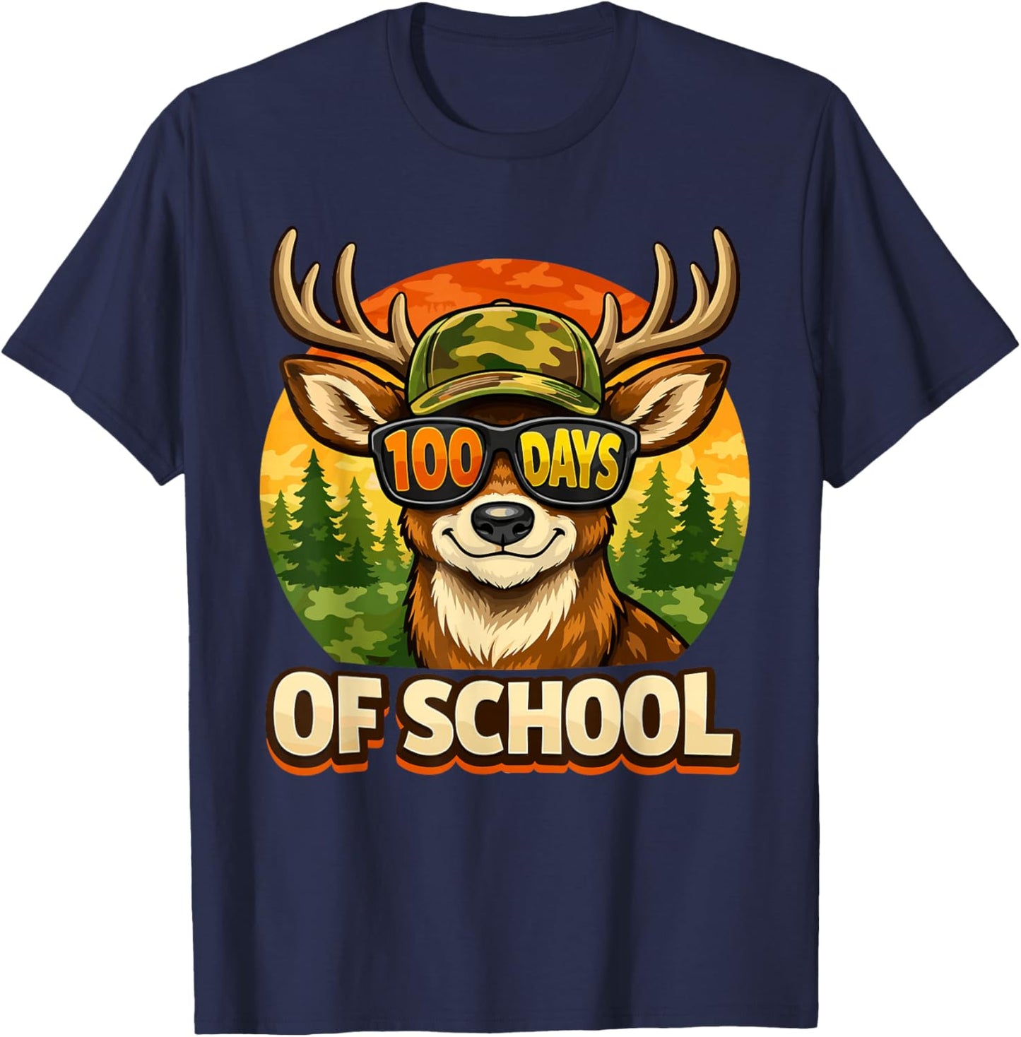 Funny Bucked 100 Day of School Camo Deer Outdoor Student Boy T-Shirt - T-Shirt | Navy