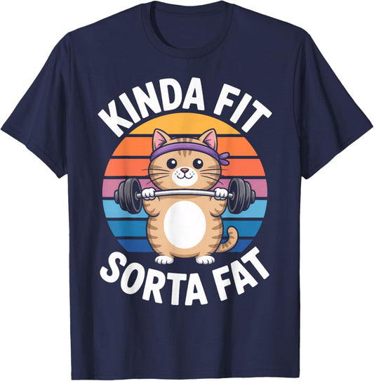 Cat Lifting Weights Kinda Fit Sorta Fat Workout Humor T-Shirt - T-Shirt | Navy