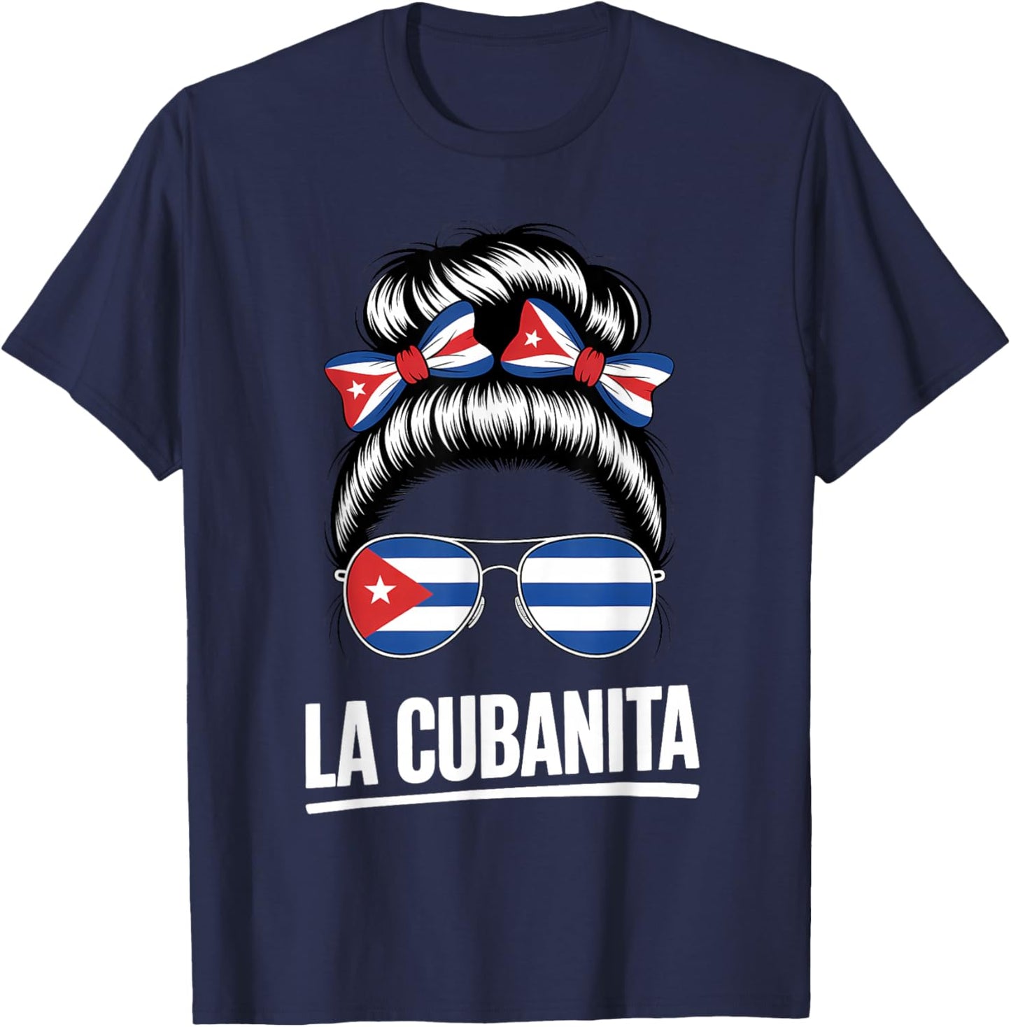 La Cubanita Cuban Flag Hair Bow Glasses T-Shirt - T-Shirt | Navy