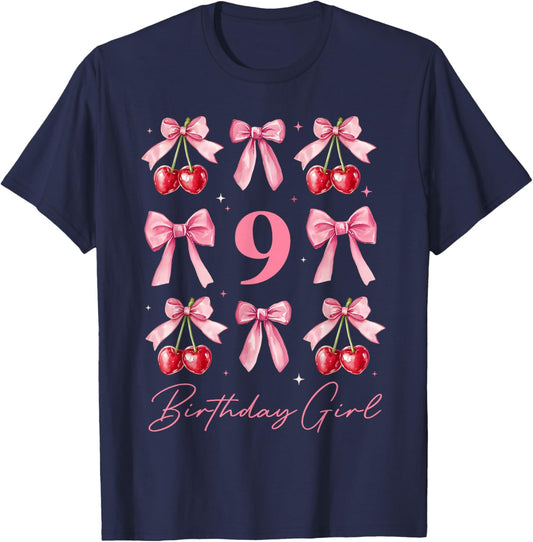 Birthday Girl 9th Birthday Cherry Coquette Bow 9 Year Old T-Shirt - T-Shirt | Navy